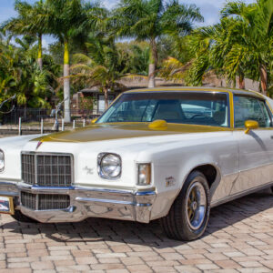 Example of Automotive Photography. Car Photography and Videography for Bring-a-Trailer, Auto Hunter, Barn Finder, Auto Trader, and any car and automobile sales sites. Car Photo is of a white and gold GM Grand Prix . The camera is positioned in the driver's side front of the vehicle showing the car from the exterior. It has palm trees and a bay of water in the background.